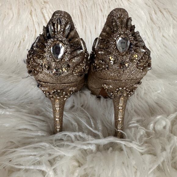 Gianni Bini Shoes - Gianni Bini Gold Beaded Bedazzled Glitter Platform Peep Toe Heels Size 9 Bridal